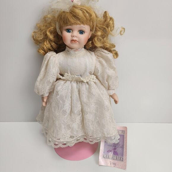 Collectible Memories AMY Porcelain Doll Curly Blonde Hair Lacy Dress Pink Stand - Picture 1 of 8